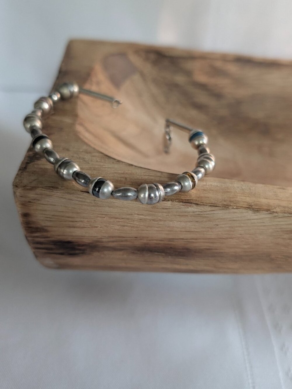 Vintage Mexican Sterling Silver Lantern Gemstone Bead Bracelet 7"